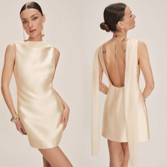 Reformation Dresses & Skirts - NWOT Reformation Ecru Satin Mini Dress with Drape Scarf